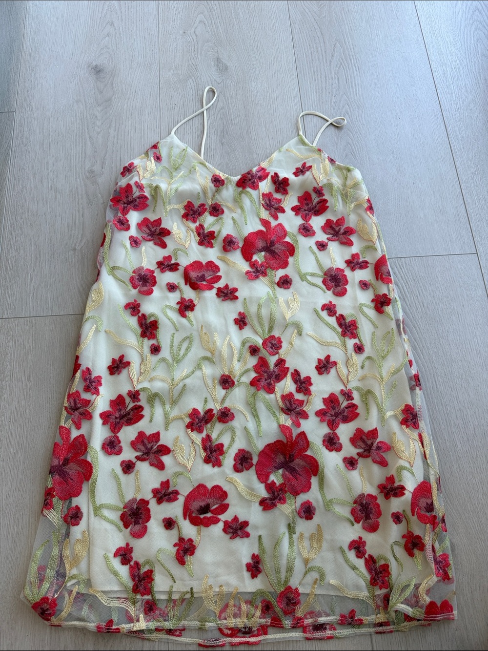 Aritzia White Mini Slip Dress with Red Floral Embroidery
